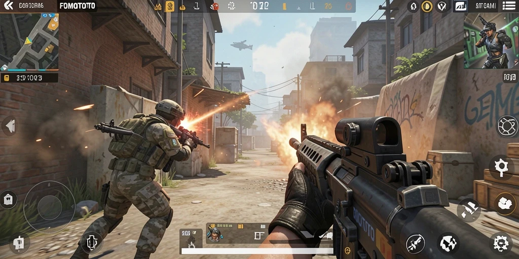Tangkapan layar utama menampilkan aksi intens gameplay FPS.